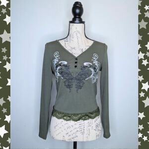 Green Grunge V Neck Long Sleeve Shirt Butterfly Graphic Lace Size S